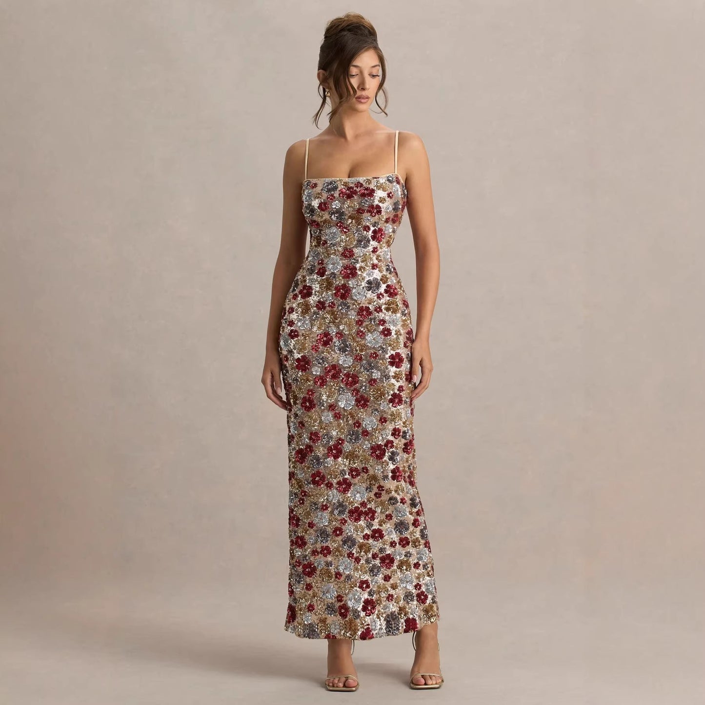 Spring Summer Suspender Sequined Sheath Dress Party Holiday Split Dress