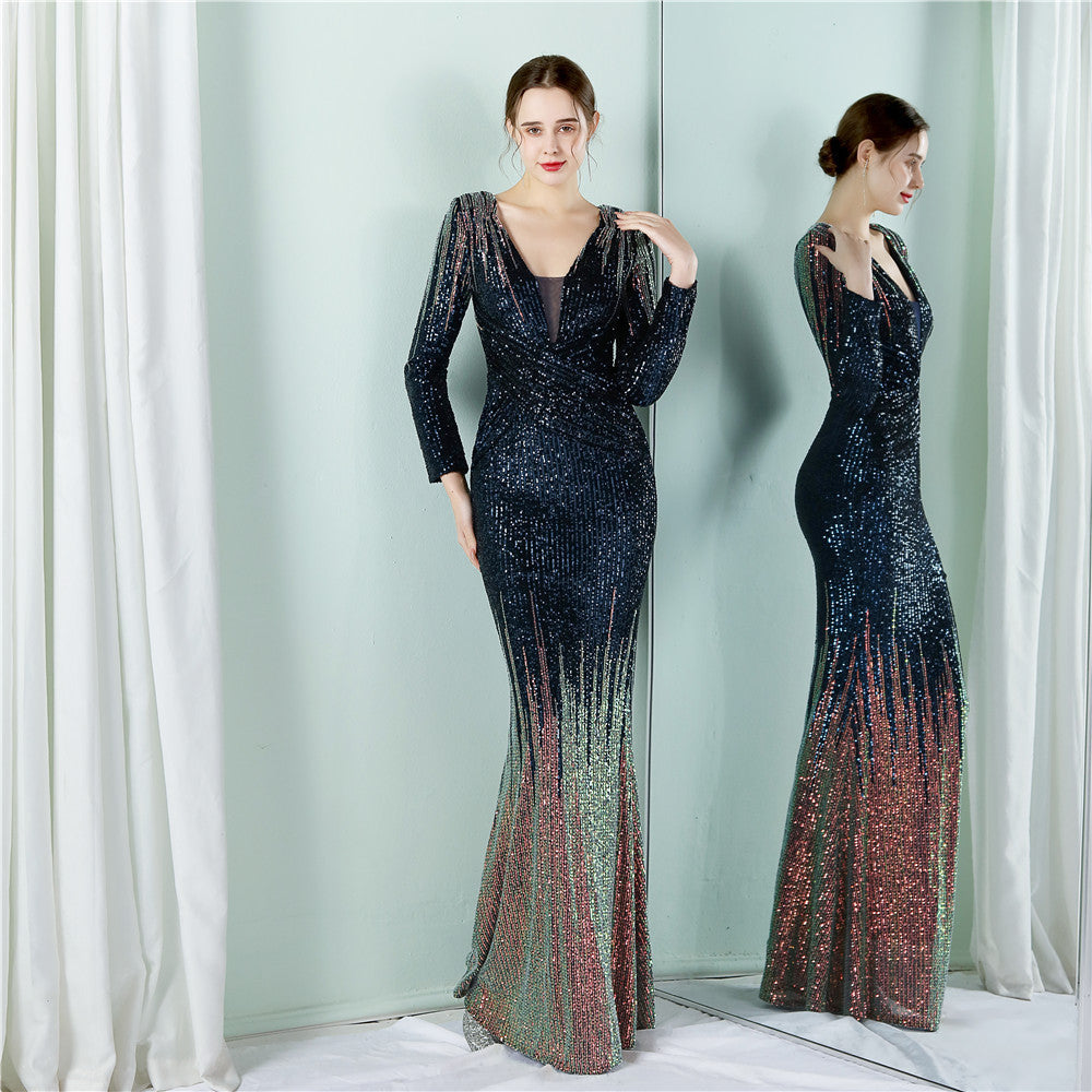 Gradient Sequin Long Sleeve Evening Dress Spring Summer Long Sequ Dress Toast Dress