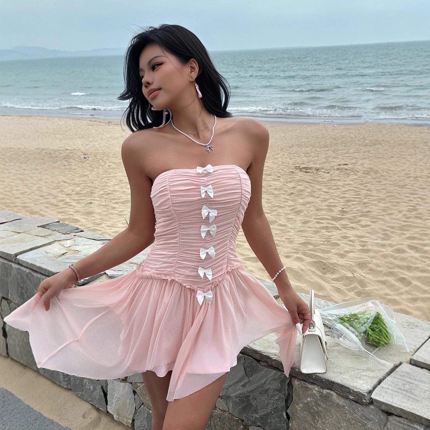 Women Clothing Mesh Stitching Bandage Waist Short Strapless Dress Sexy off the Shoulder Irregular Asymmetric Mini Dress
