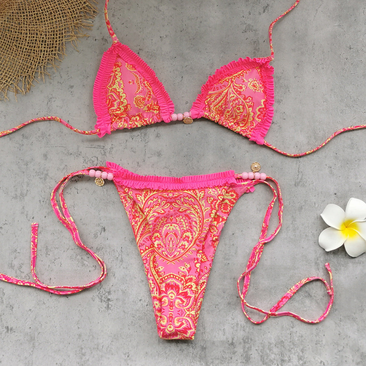 Three Point Lace Band Low Waist Vintage Printed Bikini Split Swimsuit Women Sexy Bikini