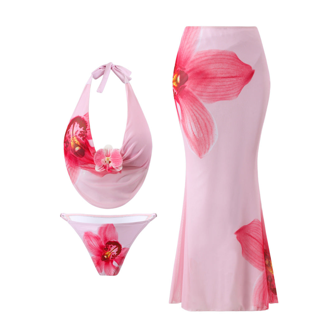 Bikini Mesh Floral Print Three Piece Skirt Sunscreen Swimsuit Women