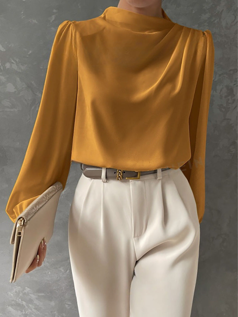 Solid Color Pleated Women Shirt Elegant Pullover Satin Top Office Long Sleeve Top