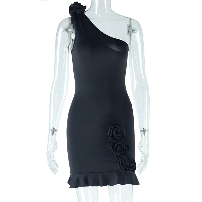 Women Clothing Solid Color Sexy Diagonal Collar Sleeveless Backless Sheath Casual Dress