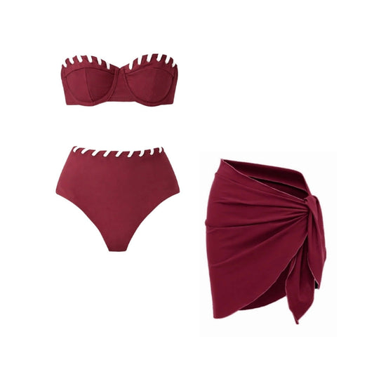 Bikini Wine Red Niche Design Tube Top Split Swimsuit Women