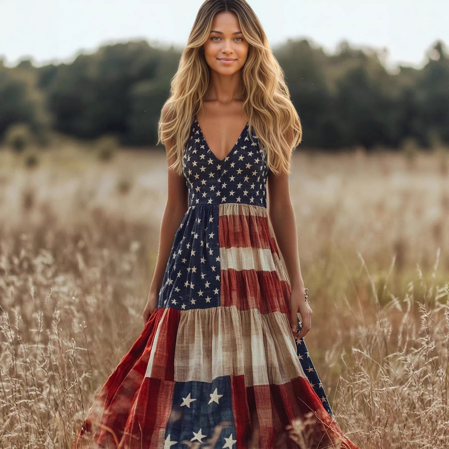 Retro Flag Printed V neck Sling Independence Day Vacation Tiered Dress