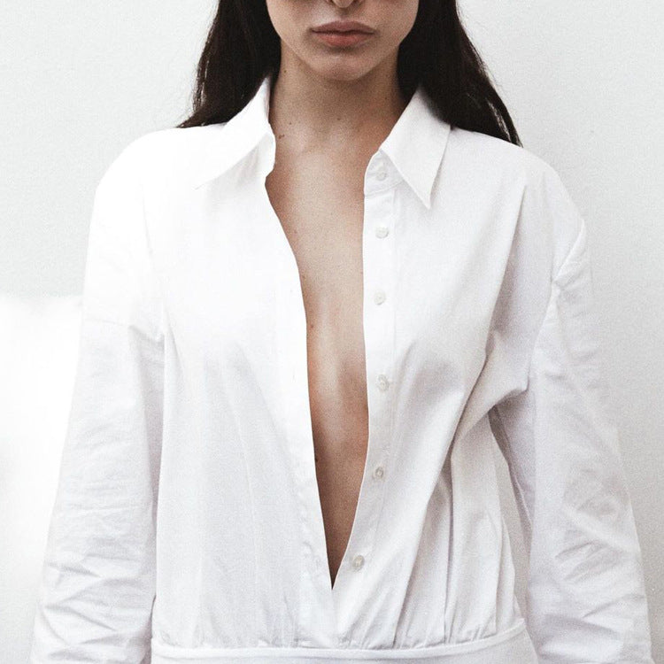 Women Clothing Spring Summer White Office Pleated A line Dress Collared Long Sleeve Shirt Dress Women