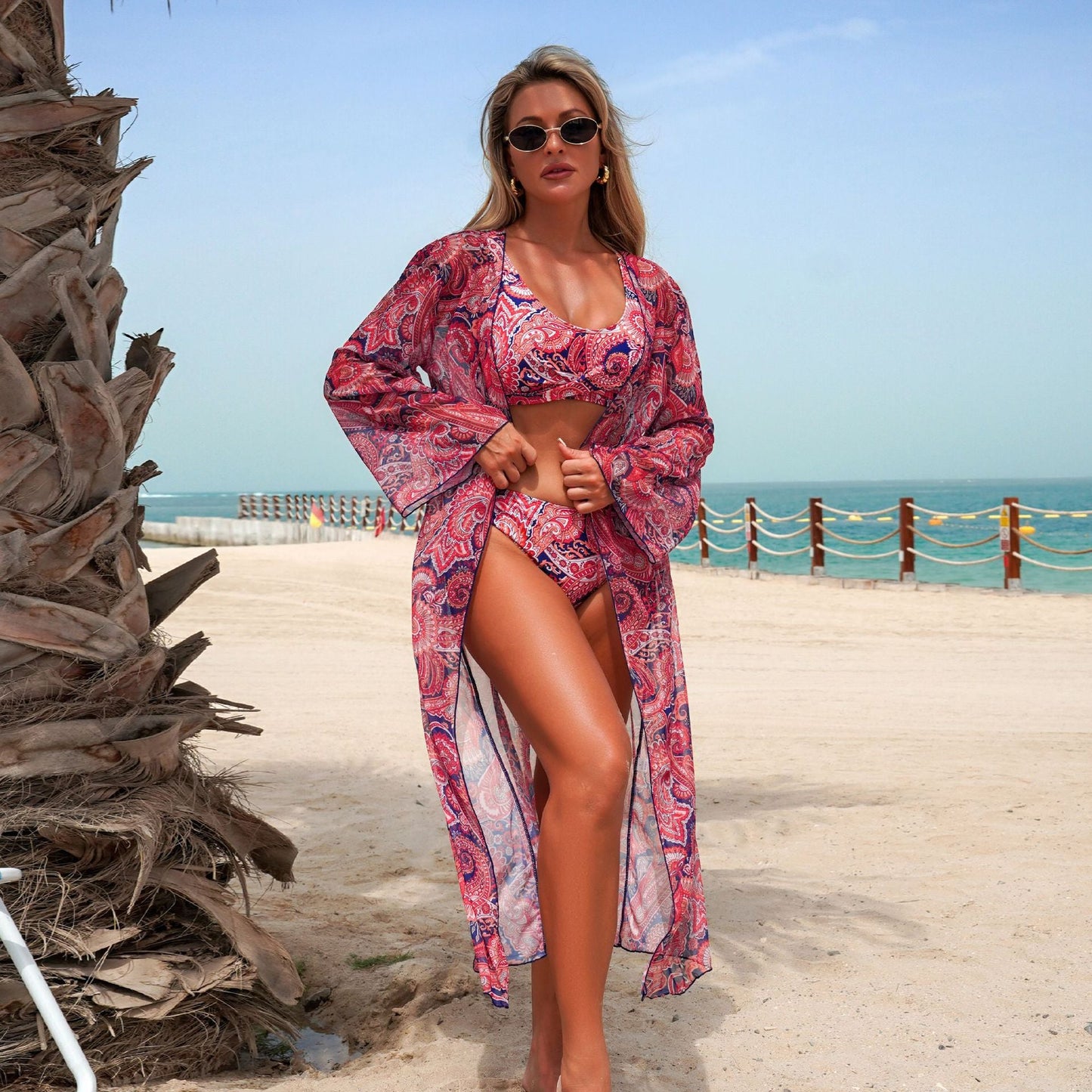 Swimsuit Women's Split Three Piece Sets Cashew Print Long Sleeve Blouse Bikini