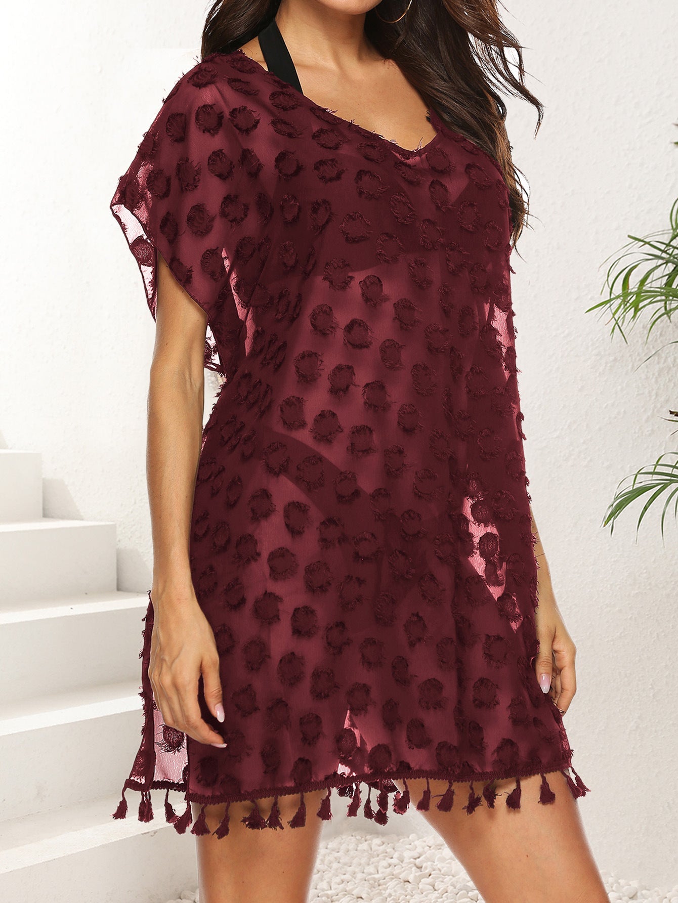 Women Chiffon Shirt Sexy See through Polka Dot Jacquard Chiffon Dress Beach Beach Cover Up