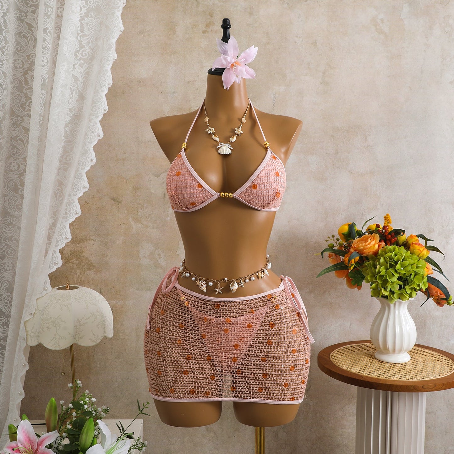 Retro Mesh Sequ Bikini Three Piece Swimsuit Swimwear Bikini