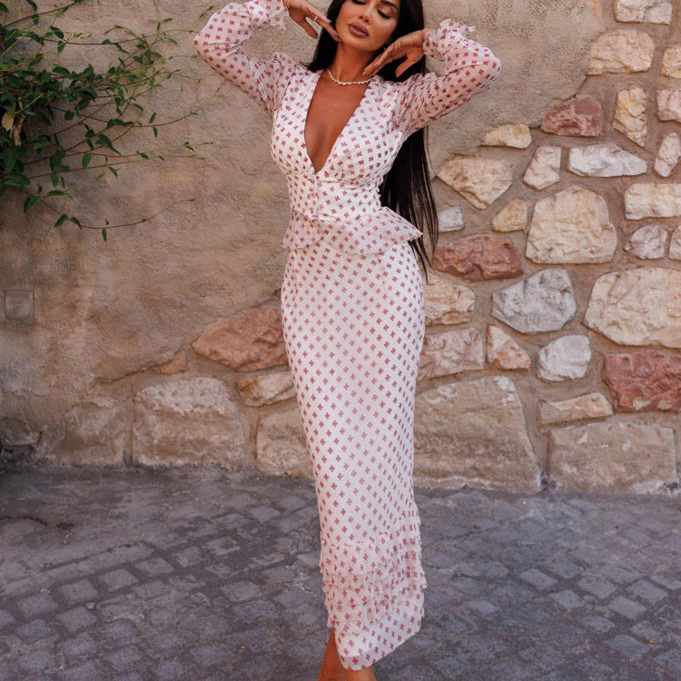Women Clothing V neck Long Sleeve Waist-Controlled Top Printed Two Piece Skirt Set