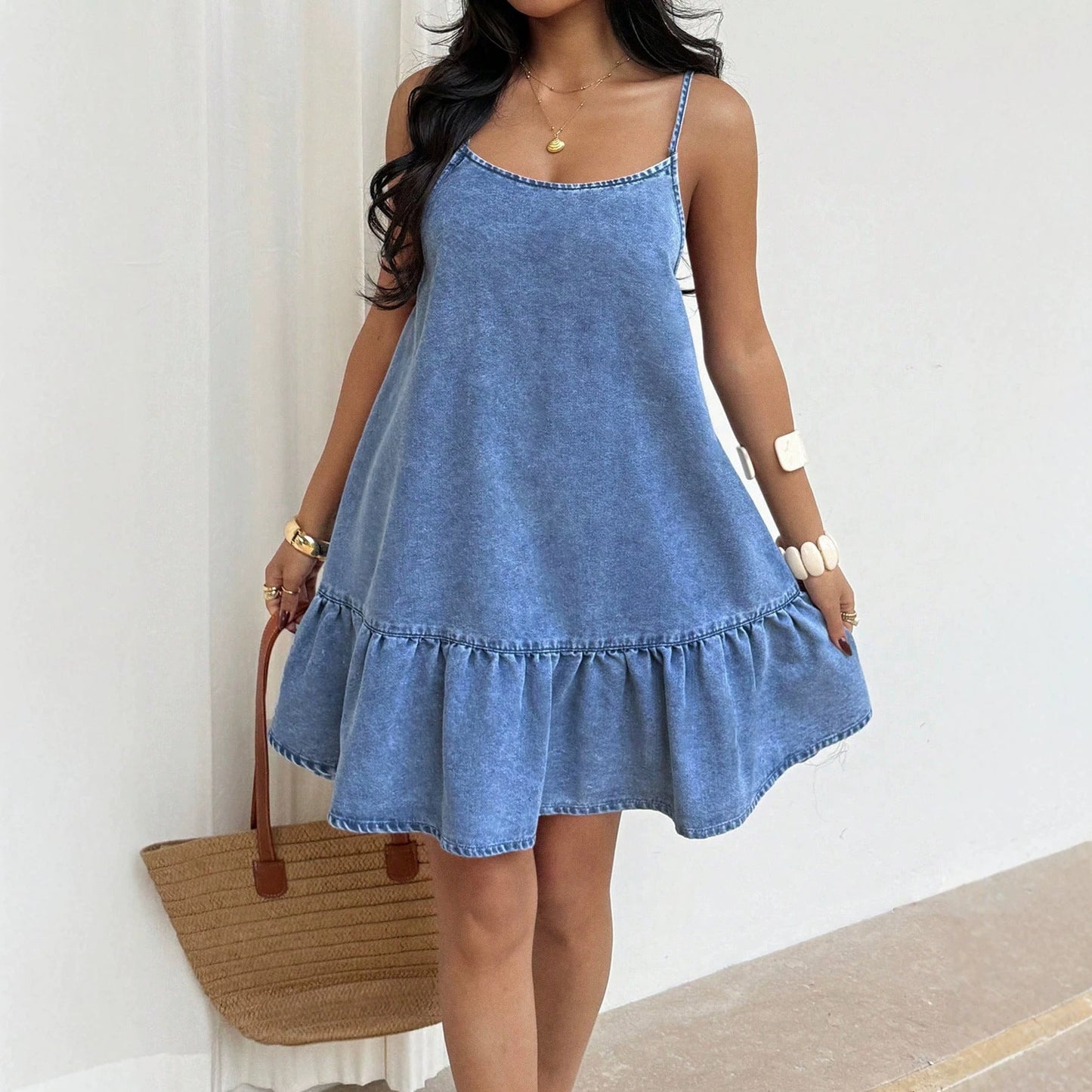 Casual Vacation Ruffled Summer Women Denim One Piece Dress