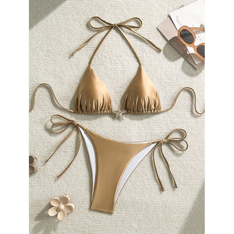 Bikini Lace up Solid Color Split Swimsuit Women Beach Spring Swimsuit