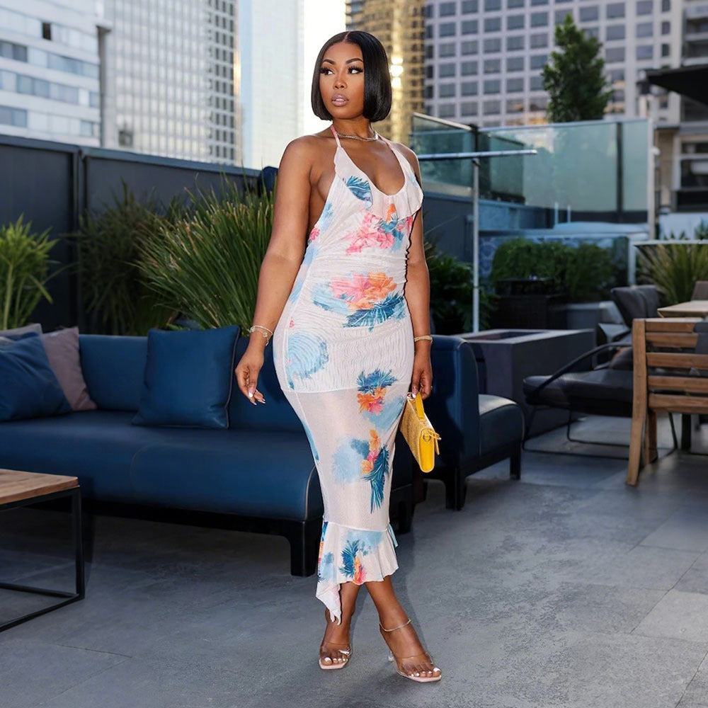 Sexy Backless Lace Printing Dress Sheath Sexy Maxi Dress Irregular Asymmetric Lotus Floral Swing