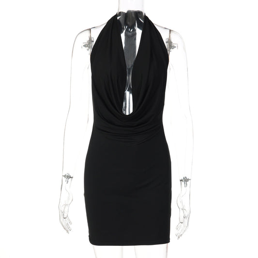 Women Solid Color Halter Deep V Plunge neck Backless Sexy Slim Hip Dress