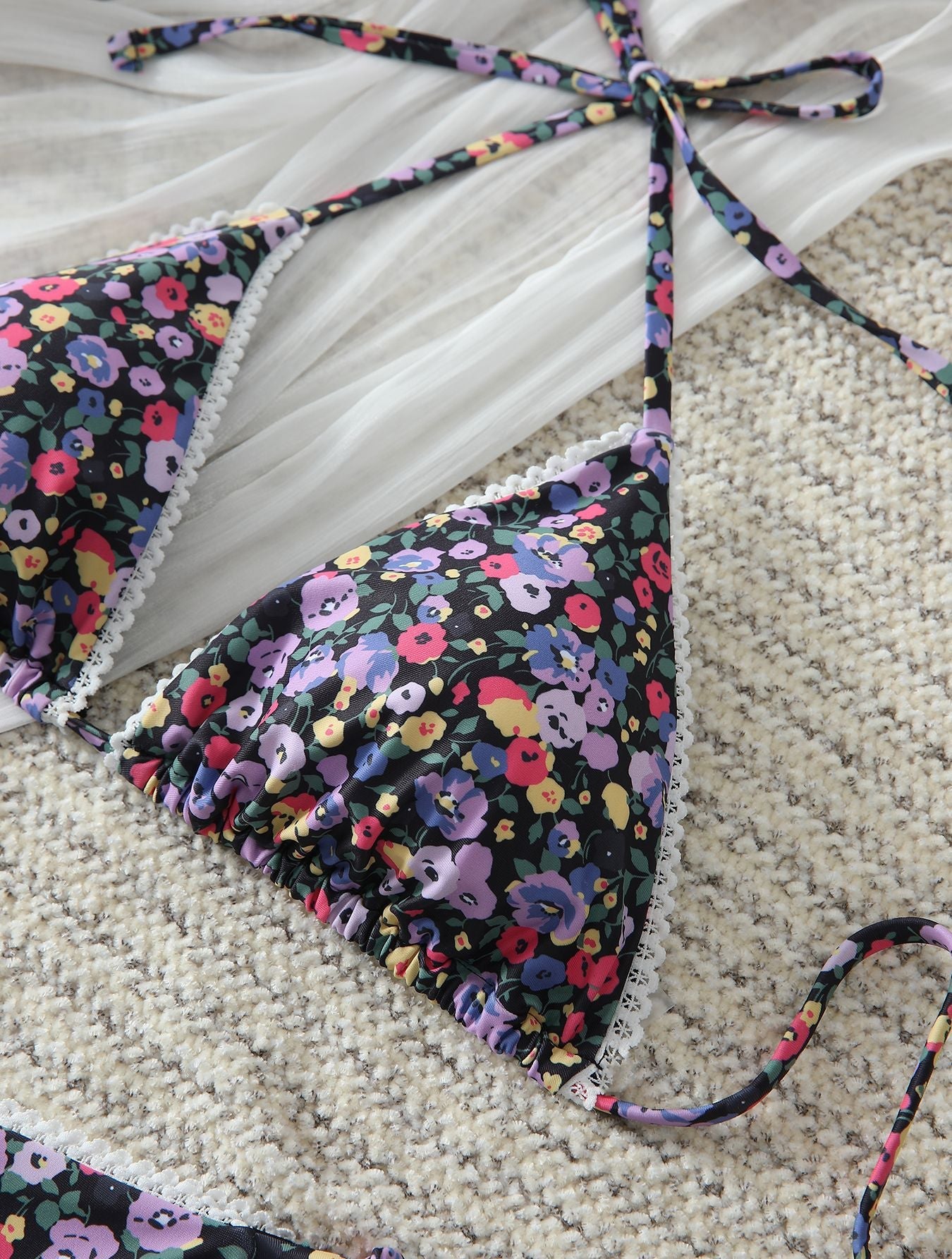 French Floral Sexy Lace up Bikini Swimsuit
