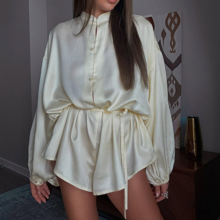 Women Clothing Summer High-Grade Stand Collar Long Sleeve Single Breasted Loose Lace up Jumpsuit