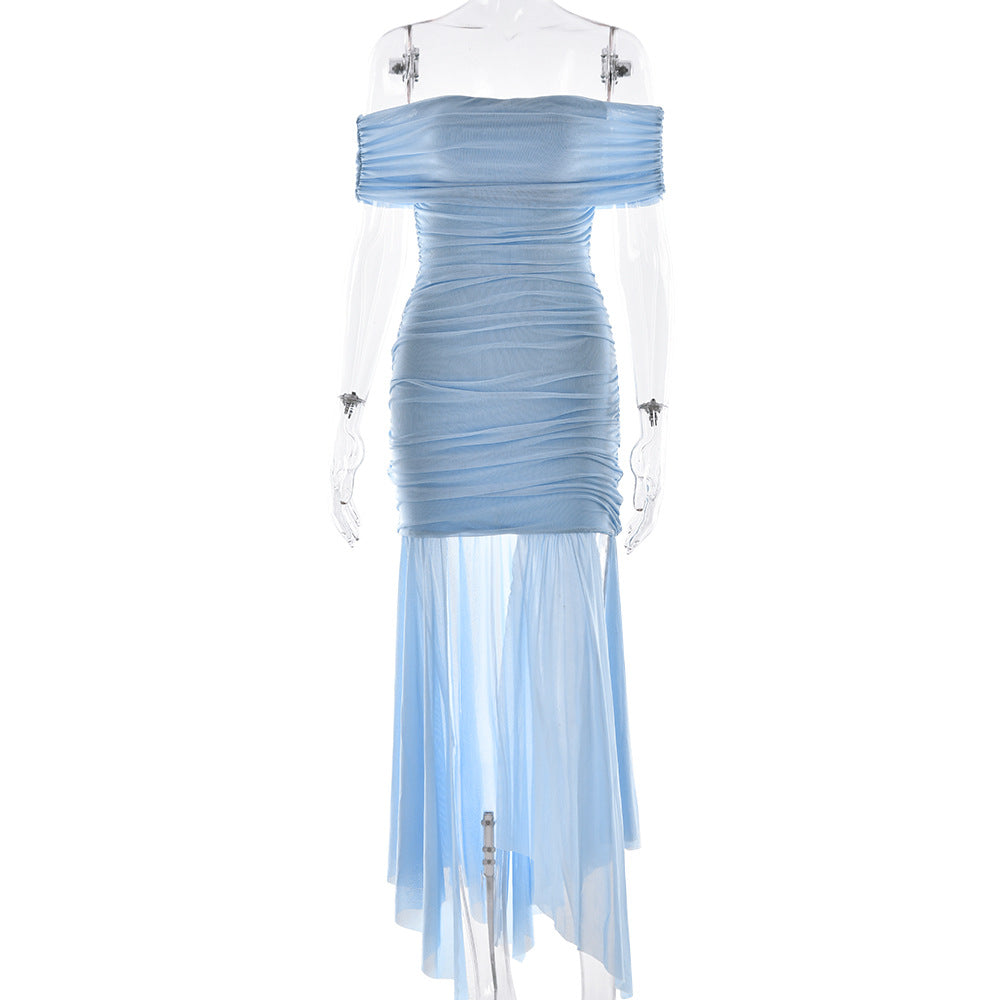 Spring Summer Sexy Women Dress Elegant Tube Top Solid Color Pleated Ribbon Waist Tight Slim Fit Dress