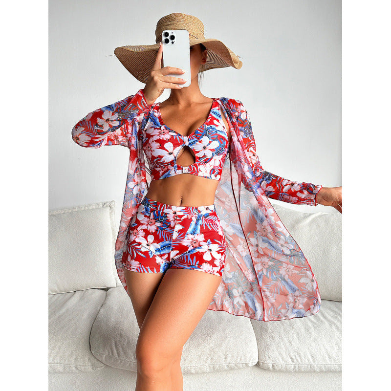 Swimsuit Women Split Long Sleeve Mesh Swimsuit Printed Three Piece Set Bikini Swimsuit