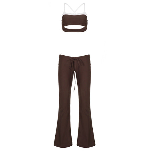 Casual Sports Contrast Color Suspender Trousers Two Piece Sets Street Sexy