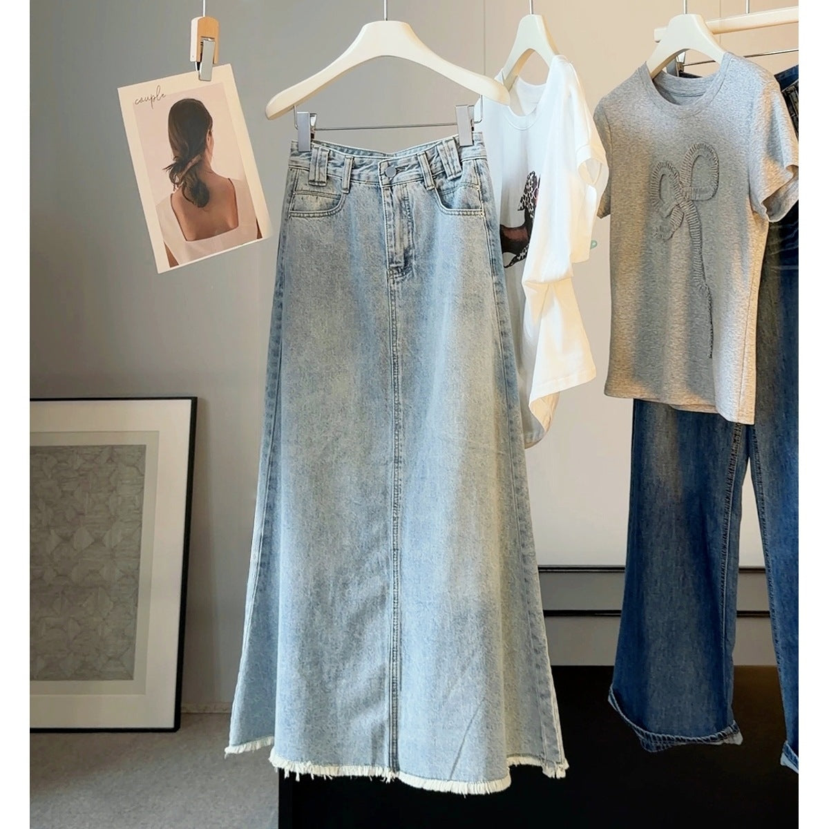 Light Blue Rough Edges Denim Skirt Women Summer Retro High Waist Slimming Sheath Mid-Length A line Fishtail Skirt
