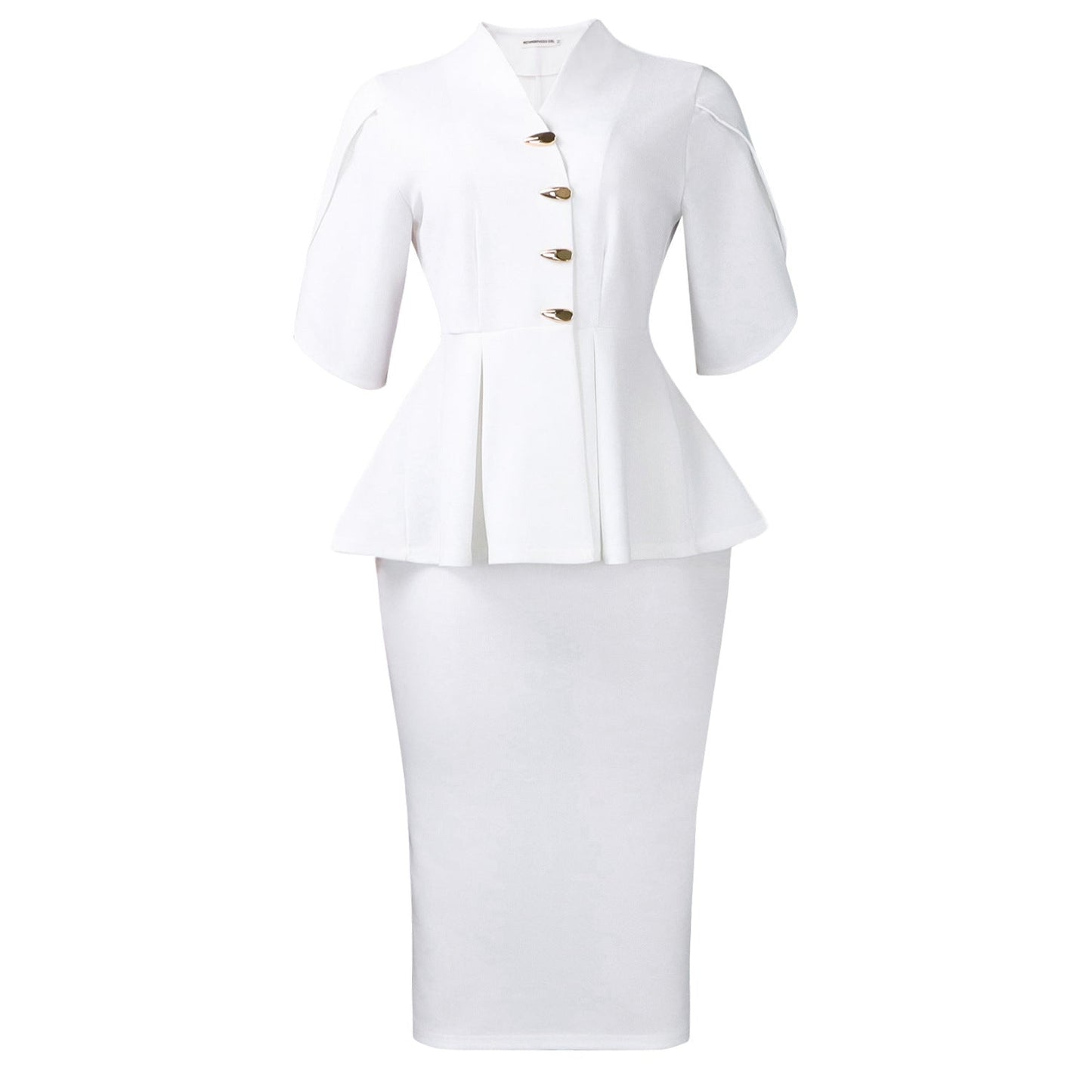 Women Clothing Short Sleeve Elegant Ruffled Hip Split Solid Color Set