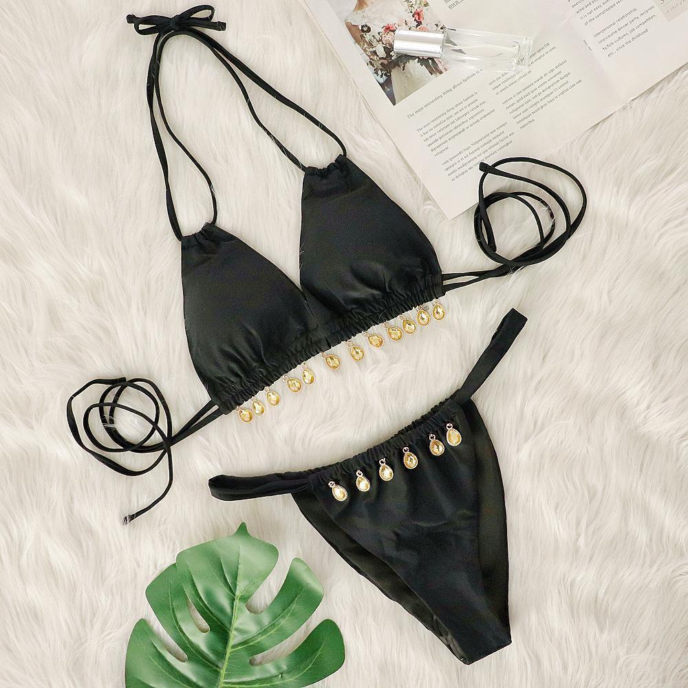Two Piece Swimsuit Women Pink Bikini Swimsuit with Gem Embellished