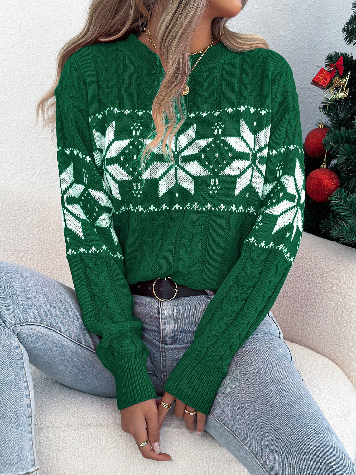 Fall Winter Snowflake Pattern Lantern Long Sleeve Pullover Women Clothing Christmas
