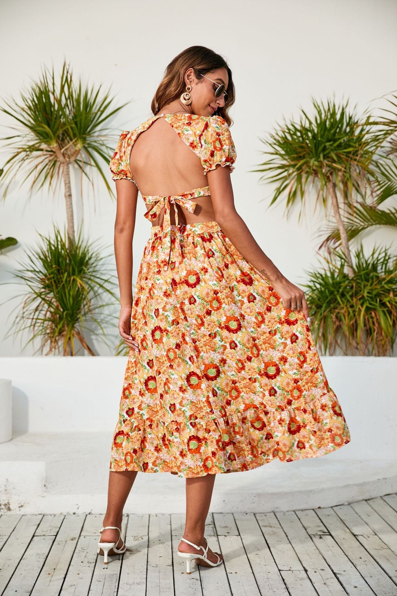 Spring Summer Women Clothing V Neck Printed Dress Backless Midi Dress
