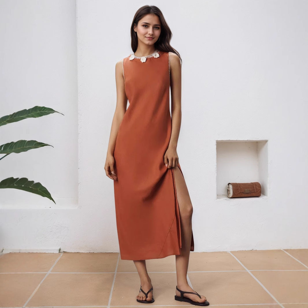 Spring Summer Sleeveless Slit Neckline Exquisite Floral Pearl Dress Women Dress