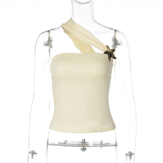 Women Clothing Spring Unique One Shoulder Diagonal Collar Gold Plate Buckle Decoration Tops