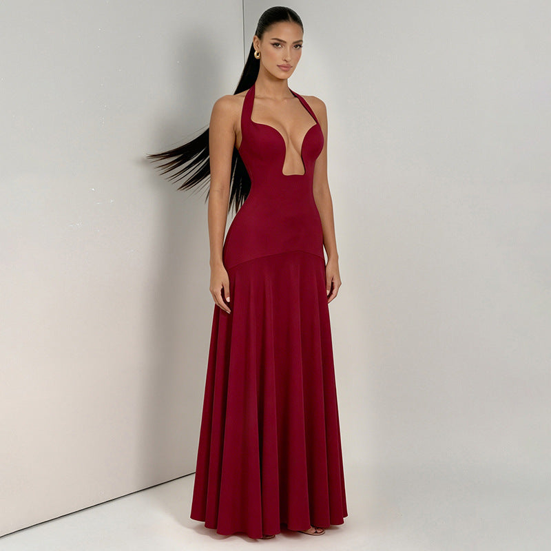 Women Clothing Summer Solid Color Casual Elegant Sleeveless Halter Backless Slim Fit Maxi Dress