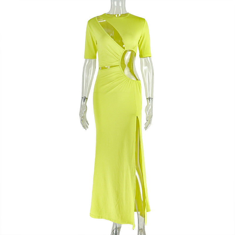 Elegant Women Clothing Hollowed out Split Socialite Asymmetric Dress round Neck Solid Color Pleated Dress