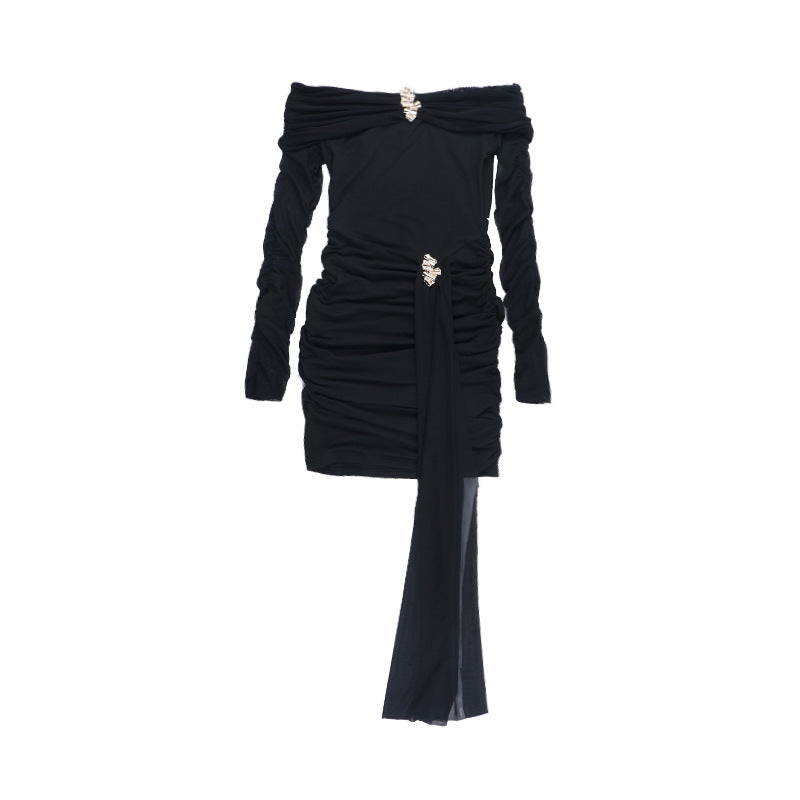 Sexy Short off Shoulder Sexy Backless Mesh Stitching Long Sleeve Dress