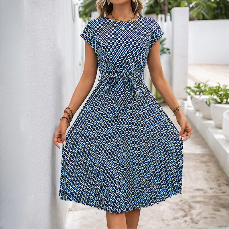 Dress Lace up Flying Sleeves Printed round Neck Dress