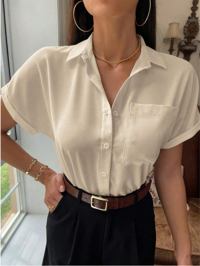 Satin V neck Shirt Women Women Solid Color Satin Short Sleeve Casual Button Satin Shirt