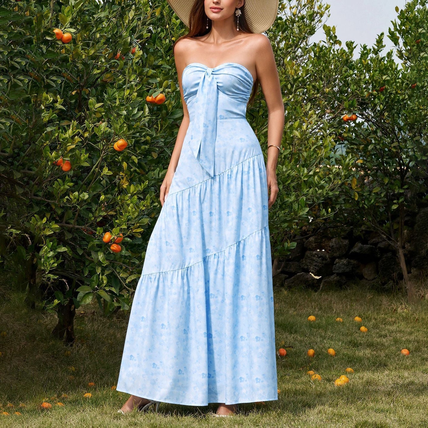 Tube Top Bow Bandage Dress Sexy Backless Pleated Print Maxi Dress