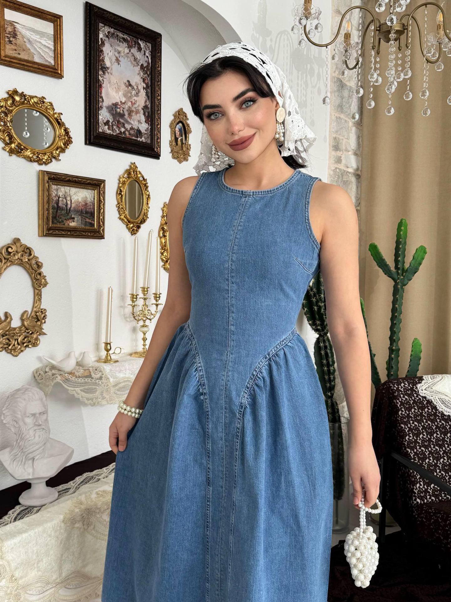 Summer Women Clothing Elegant Slimming Sleeveless Backless Denim Dress