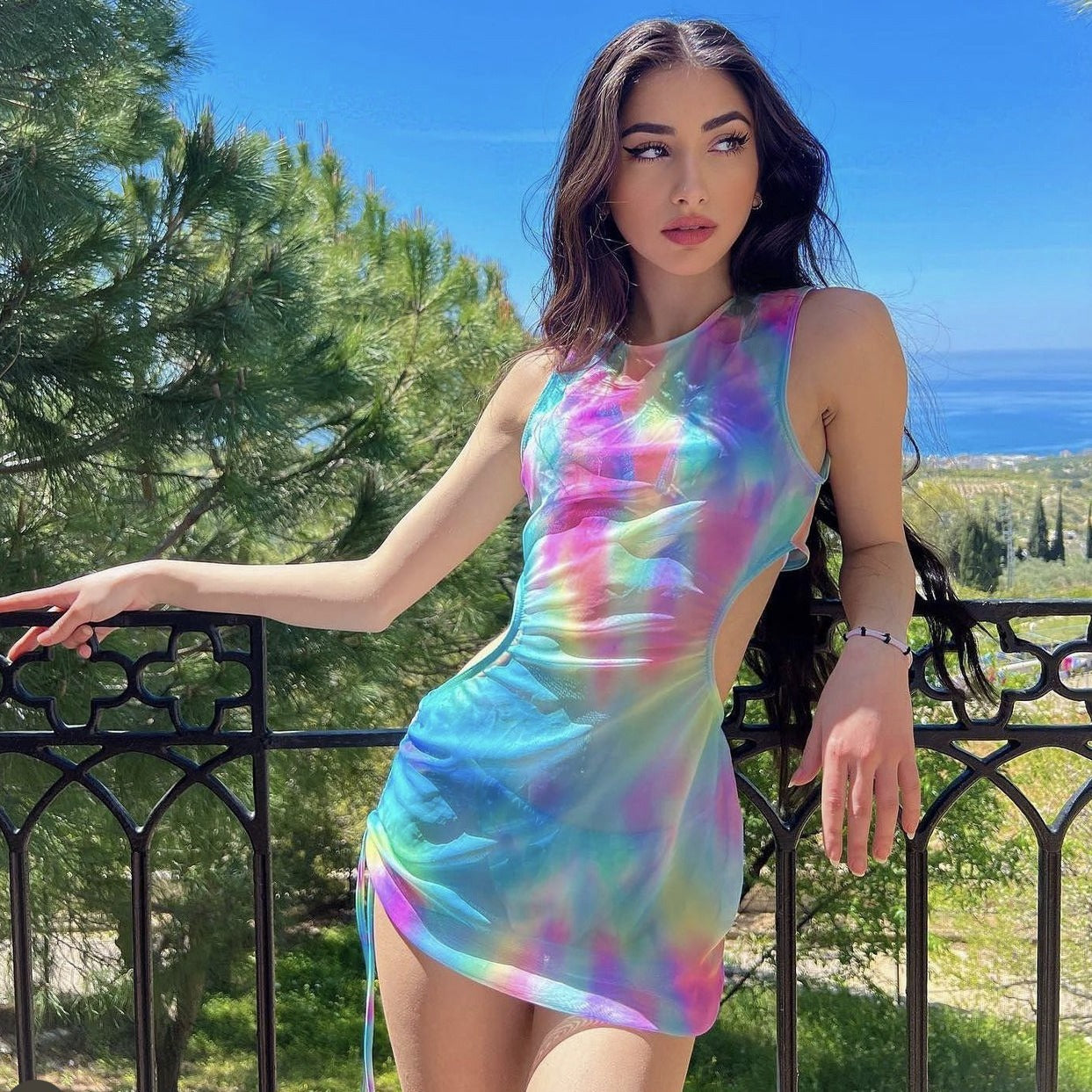 Gradient Printing Tulle Skirt Three Piece Sets Swimwear Swimsuit Bikini