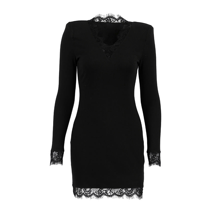 Adult Lady like Woman Autumn Winter V neck Lace Stitching Black Sexy Tight Milk Silk Hip Elegant Dress