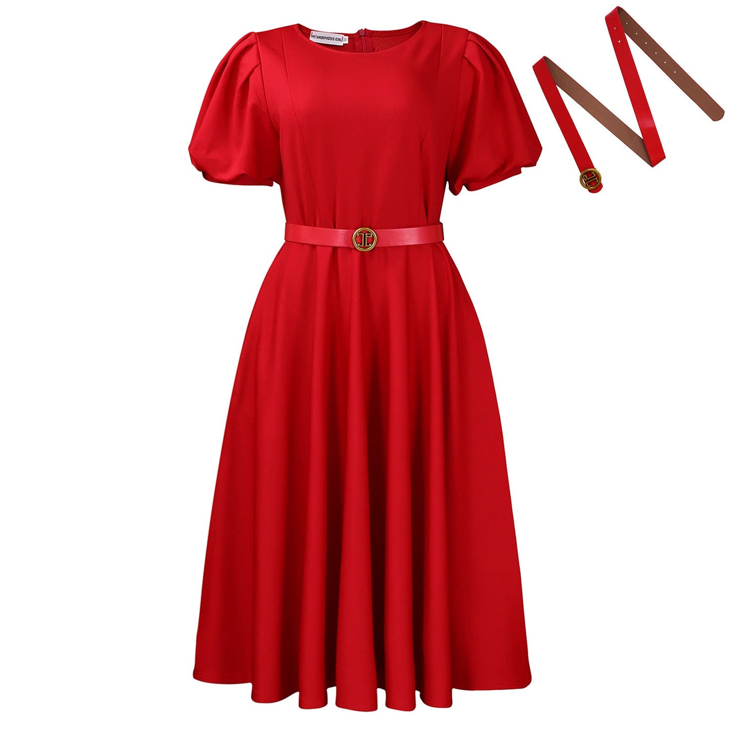 Women Clothing round Neck Puff Sleeve High Waist Dress