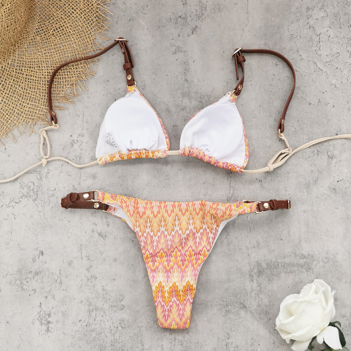 Adjustable Shoulder Strap Low Waist Briefs Bikini Sexy Stripes Printed Split Swimsuit Women