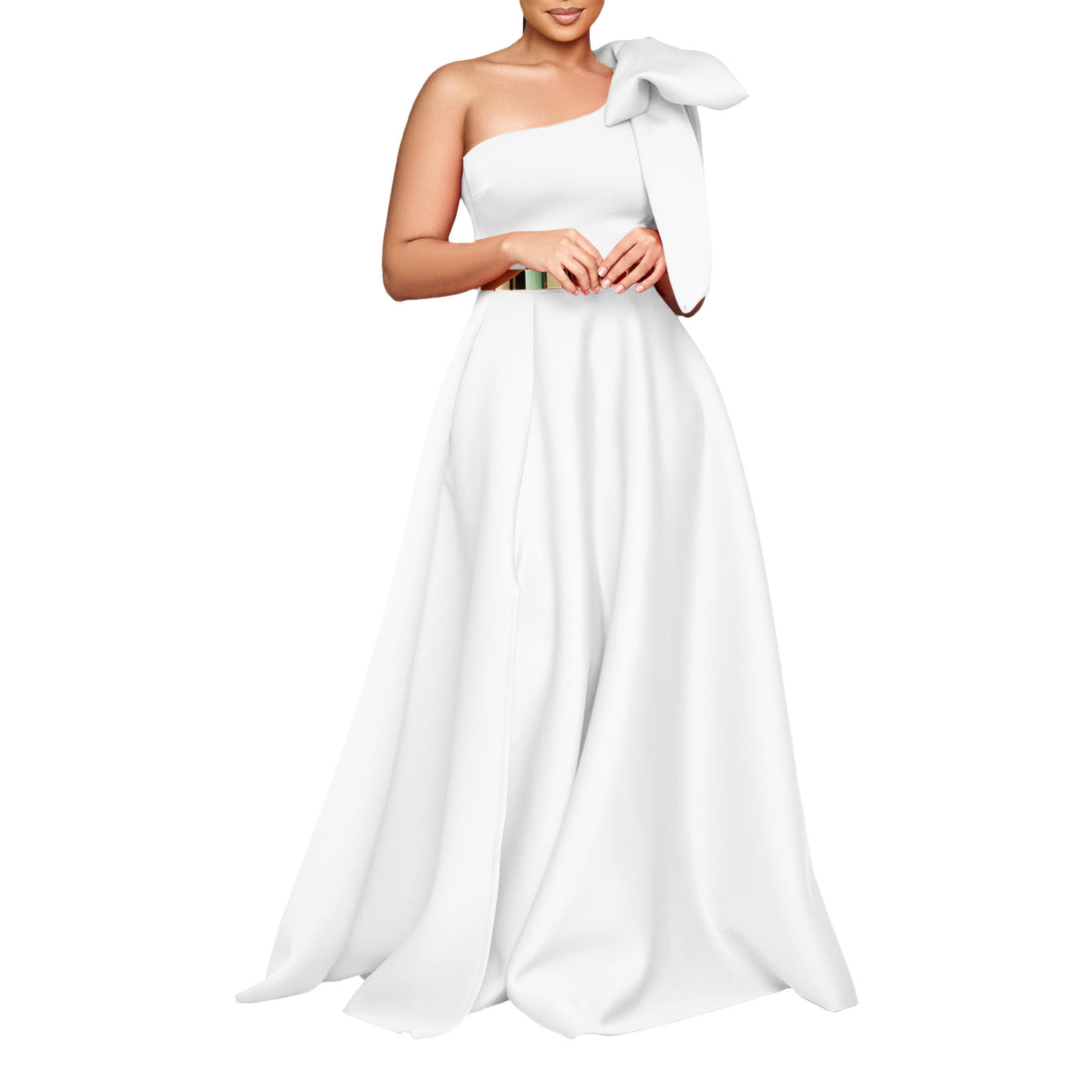 Summer Graceful Fashionable Oblique Shoulder Bow Cocktail Formal Maxi Dress