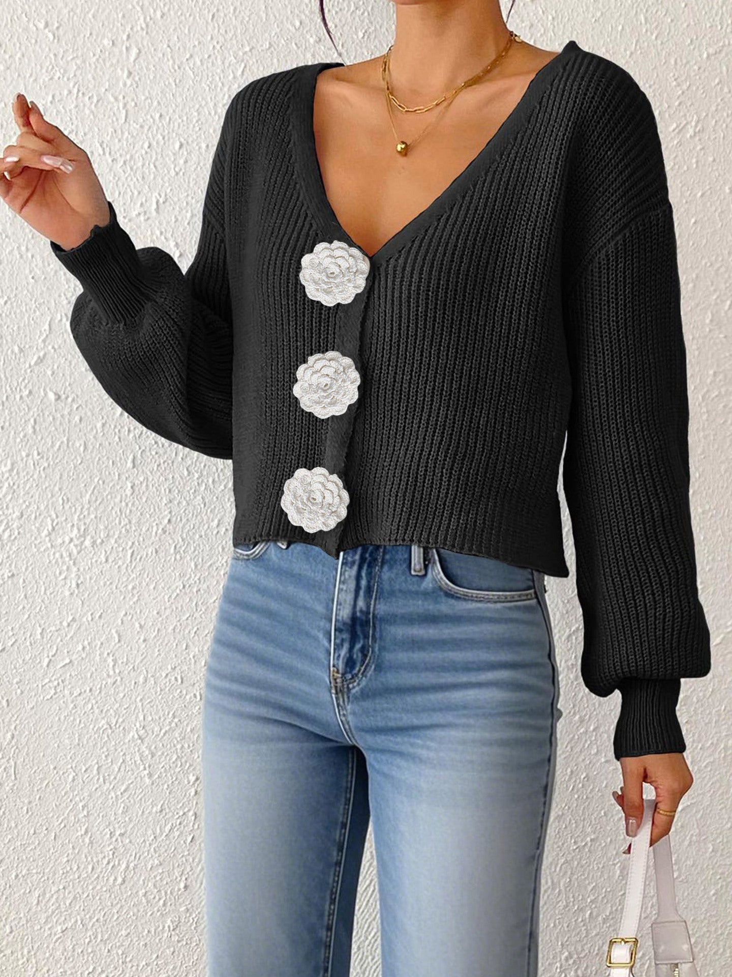 Women Knitted Sweater Street Hipster Short Top Hand Hook Floral Decorative Button Cardigan Short Coat