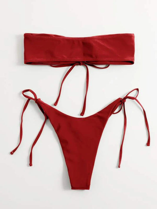 Women Seperated Swimwear Low Waist Basic Strapless Solid Color Tube Top Sexy Bikini