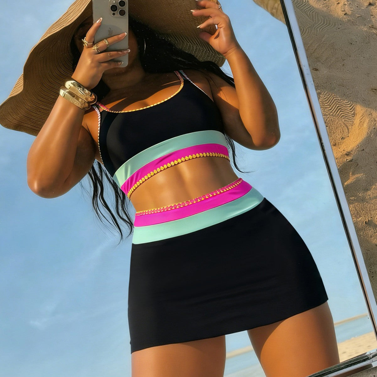 Contrast Color Double Shoulder Strap Scalloped Sexy Bikini Three Piece Set with Cover Skirt Swimsuit for Women