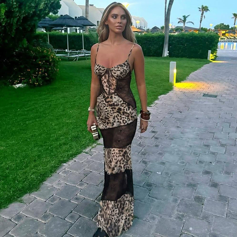 Spring Women Clothing Suspenders Leopard Print Lace Stitching Sexy See through Dress