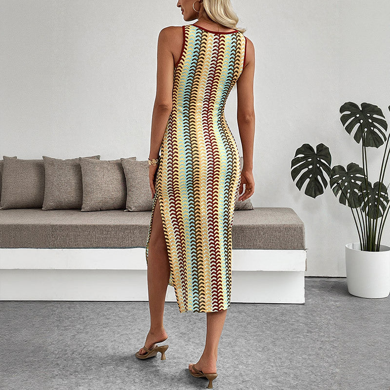 Ethnic Vacation round Neck Striped Contrast Color Sleeveless Sheath Dress