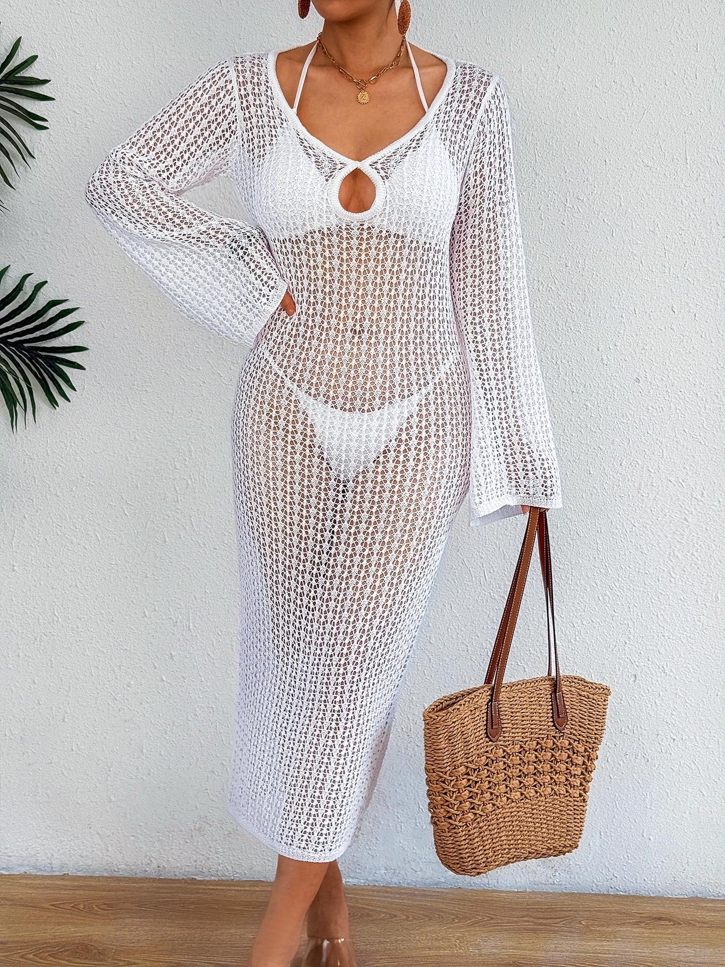 Women Clothing Hollow Out Cutout out See through Mesh Front Deep V Plunge neck Slim Beach Dress Sun-Proof Vacation Blouse