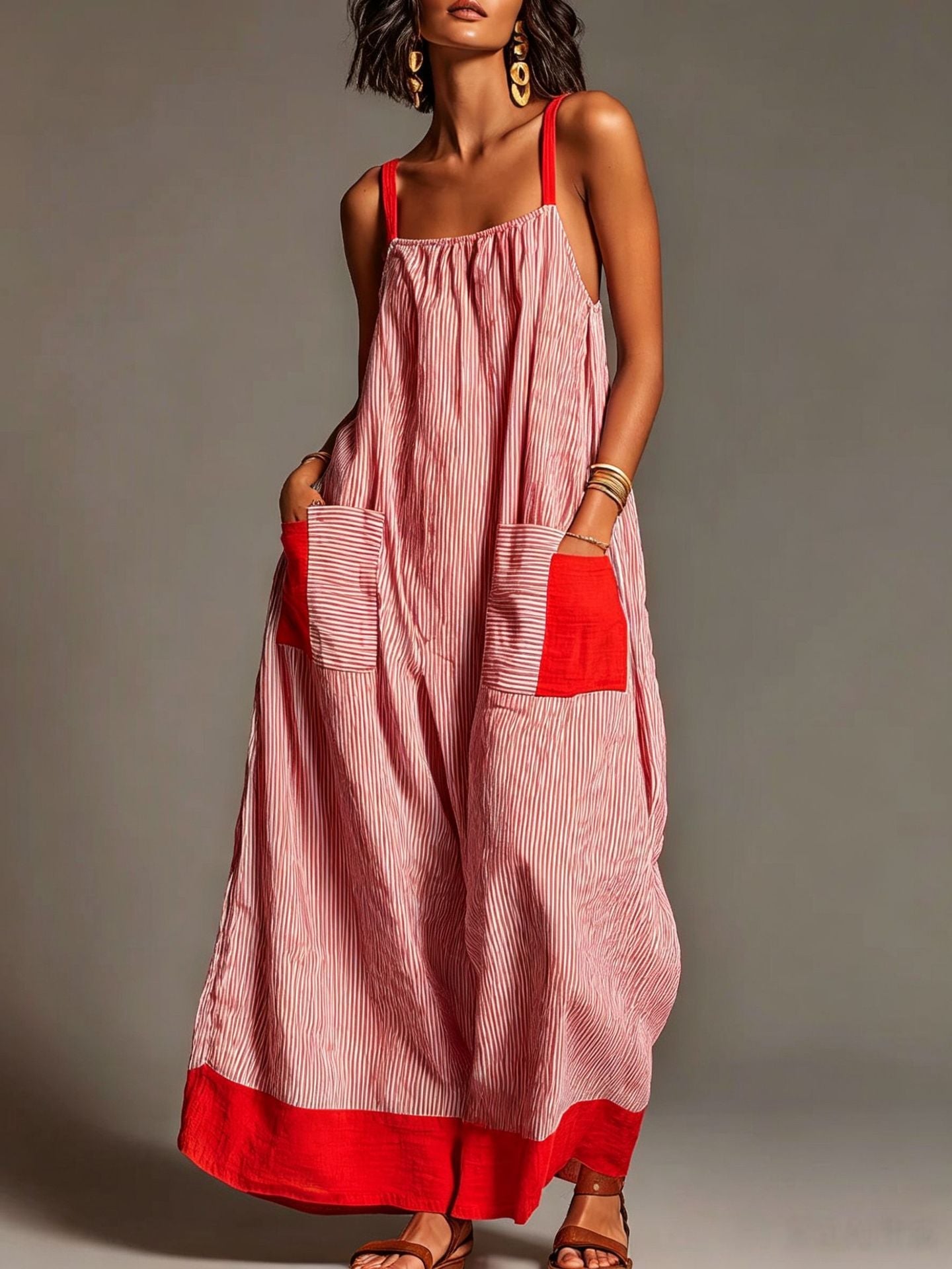 Striped Strap Dress Summer Elegant Travel Holiday Women Long