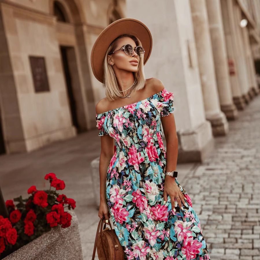 Summer Women Clothing off Shoulder Tube Top Cinched Waist Short Sleeve Dress